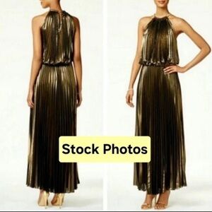MSK Gold Metallic Pleated Blouson Gown Grecian Long Dress Size 12 NWT